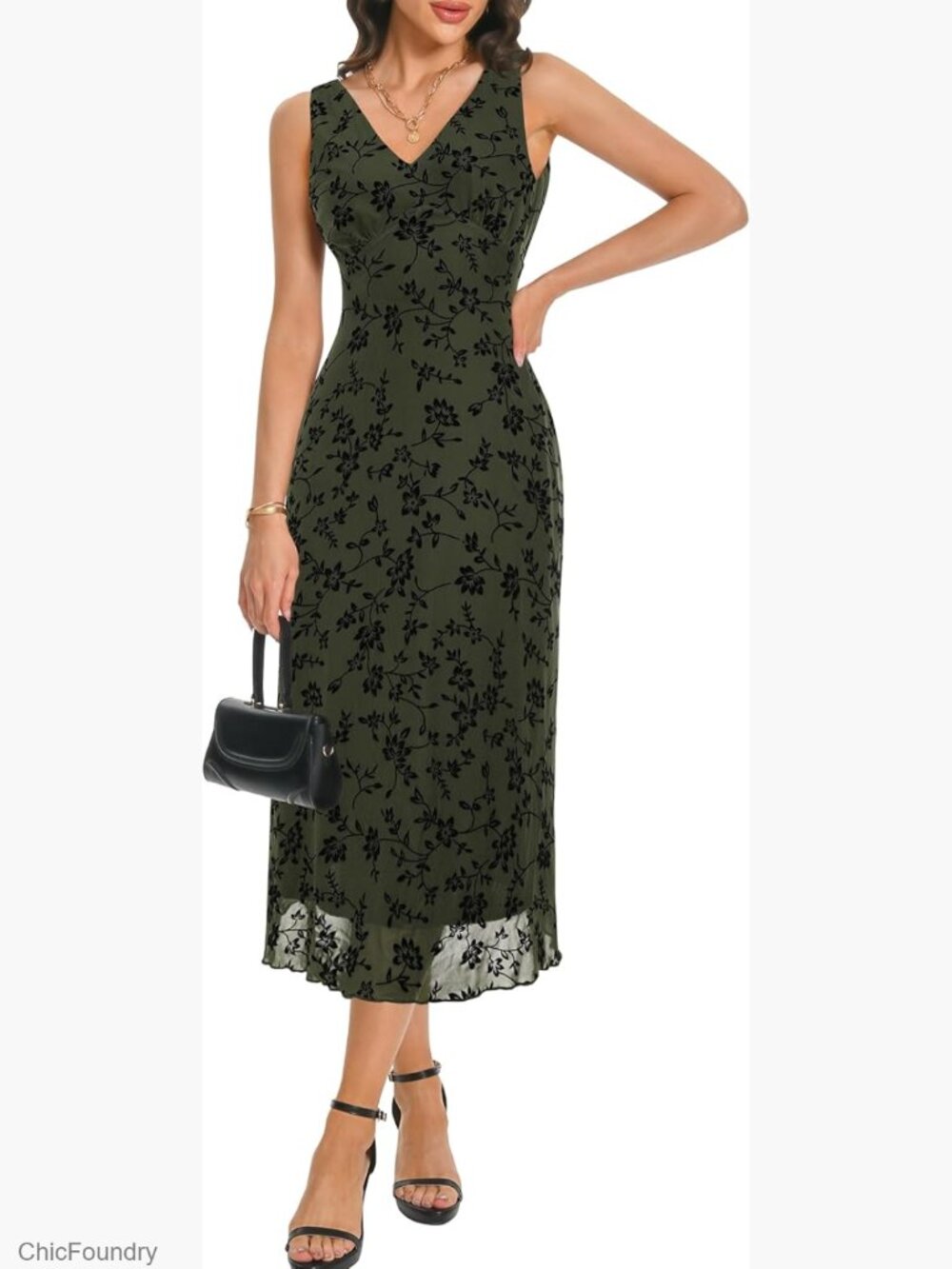 V Neck Sleeveless Mesh Maxi Dress Floral A-Line Long Dress for Women Casual